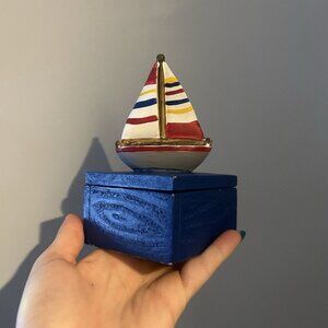 Lighthouse Small Trinket Jewelry Box Sailboat Coastal Beachy‎ Nautical Blue Red